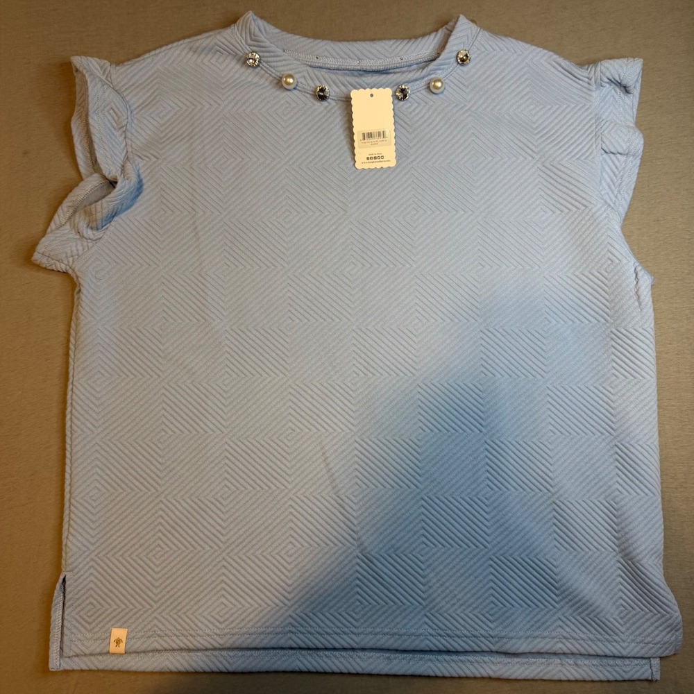 Simply Southern Quilted Ruffle Top Surf Blue Pearl Rhinestone Embellished XL NEW
